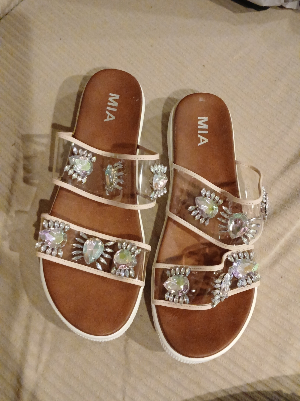 MIA Women's Clear Jeweled Slide Sandals in Nude Size 9.5 M